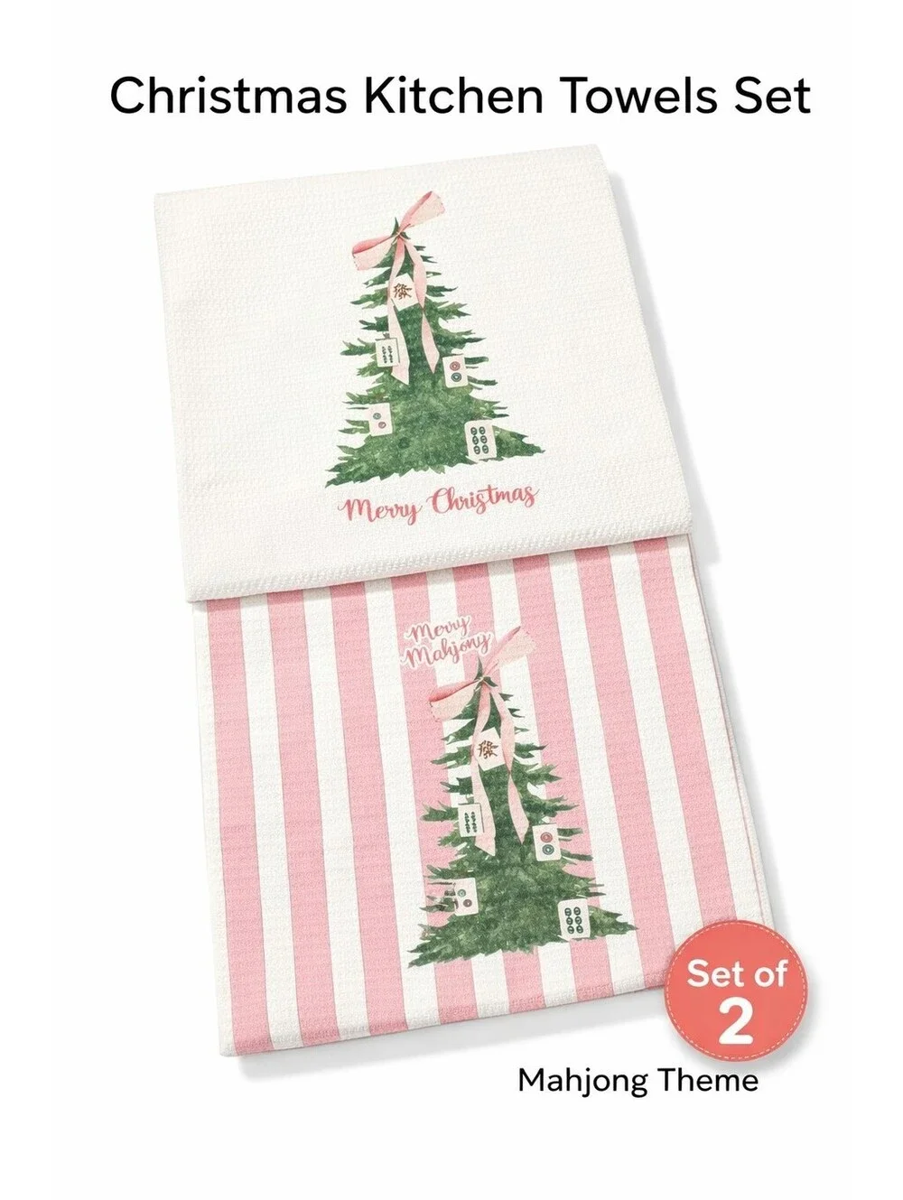 Set of 2 Cotton Kitchen Towels Christmas Mahjong Theme Pink White Striped Green